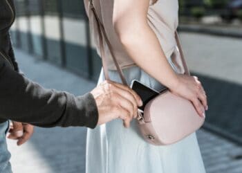 criminal man pickpocketing smartphone from womans bag europe